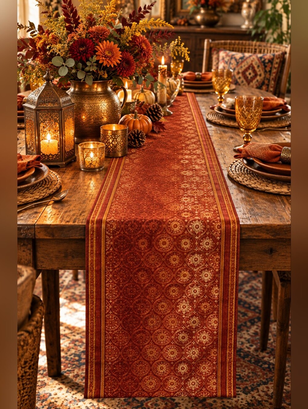 Pier 1 Imports Jacquard Medallion Brocade Table Runner Rust Gold 72x14